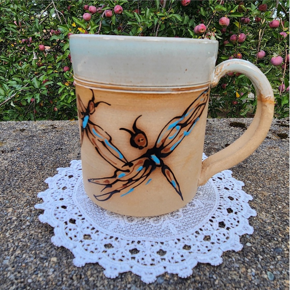 Rare Handmade Studio Pottery Dragonfly Mug Signed Tan Blue Glazed Ceramic Cup